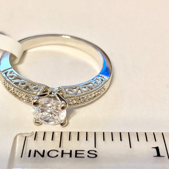 Silver Filigree Victorian Engagement Ring Size 9 10 Cubic Zirconia RhodiumPlated - Picture 8 of 10